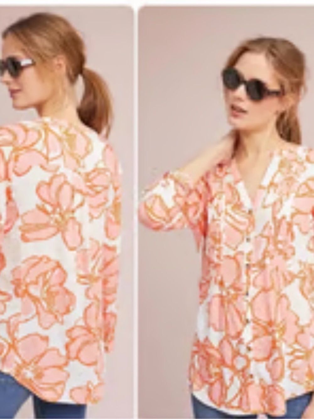 Anthropologie Pilcro Floral Button-Up Blouse in Peach & White
